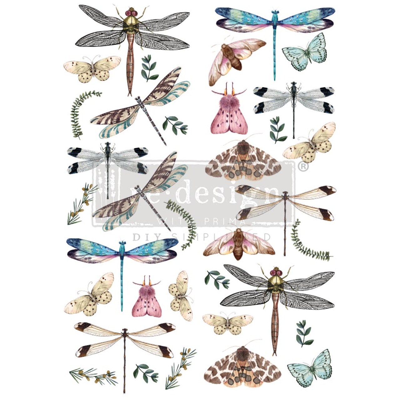 DecorTransfers®-RiverbedDragonflies-totalsheetsize24x35,cutinto2sheets rub-ons